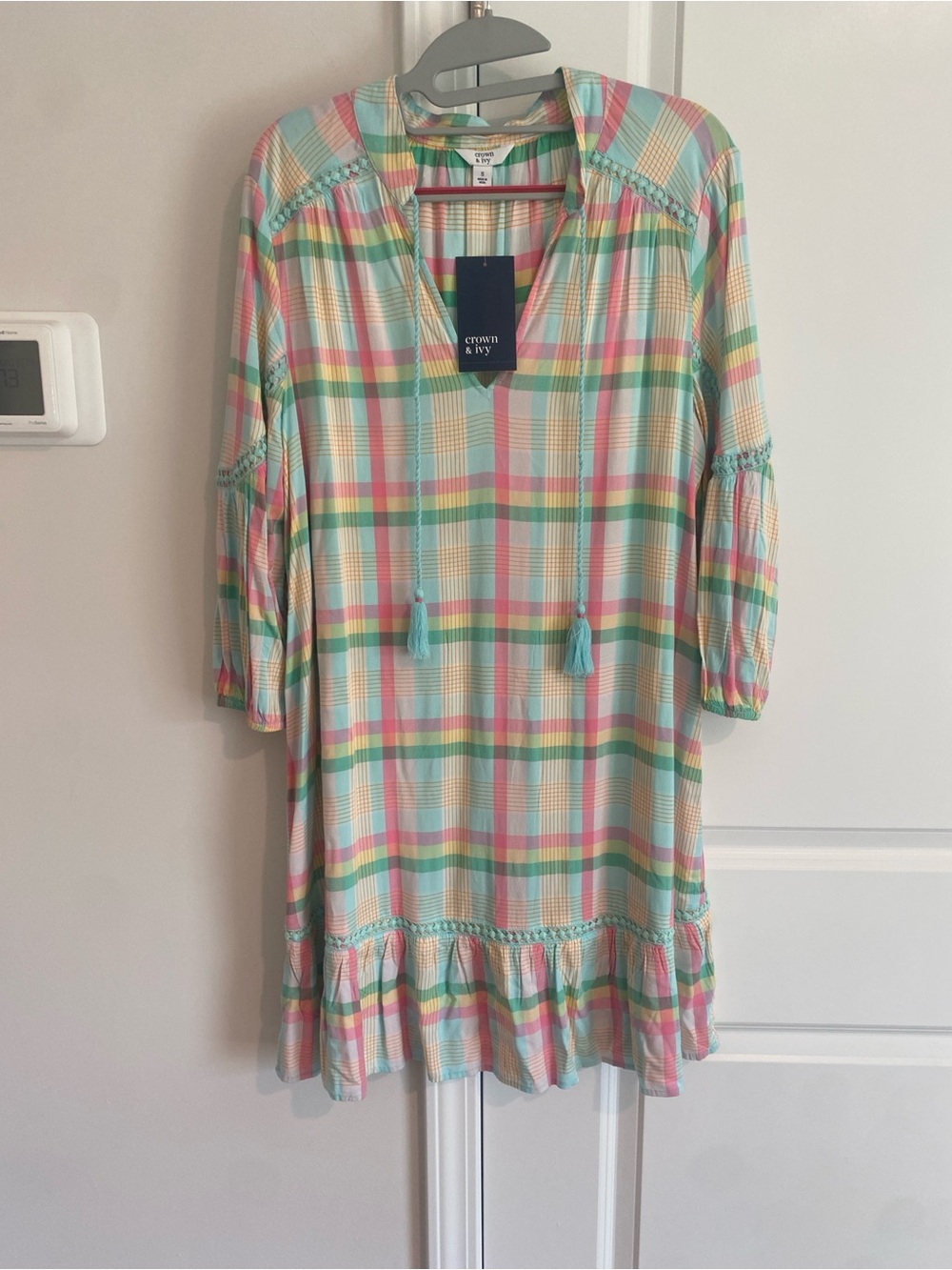 crown & ivy Pastel Plaid Tassel Tie Shift Dress